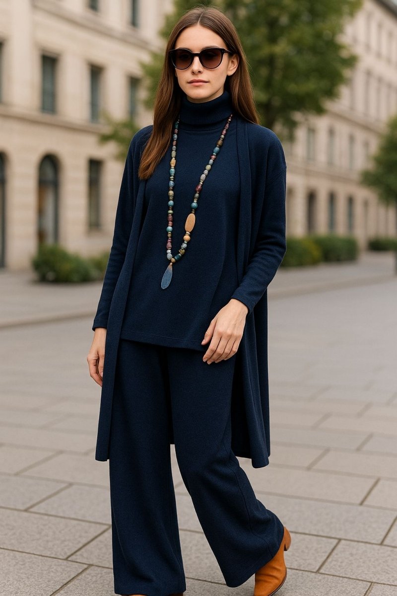 Aubrey kardigāns, augsta apkakle un bikses komplekts