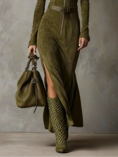 Evelyn | Vestito in Camoscio con Cerniera e Cintura