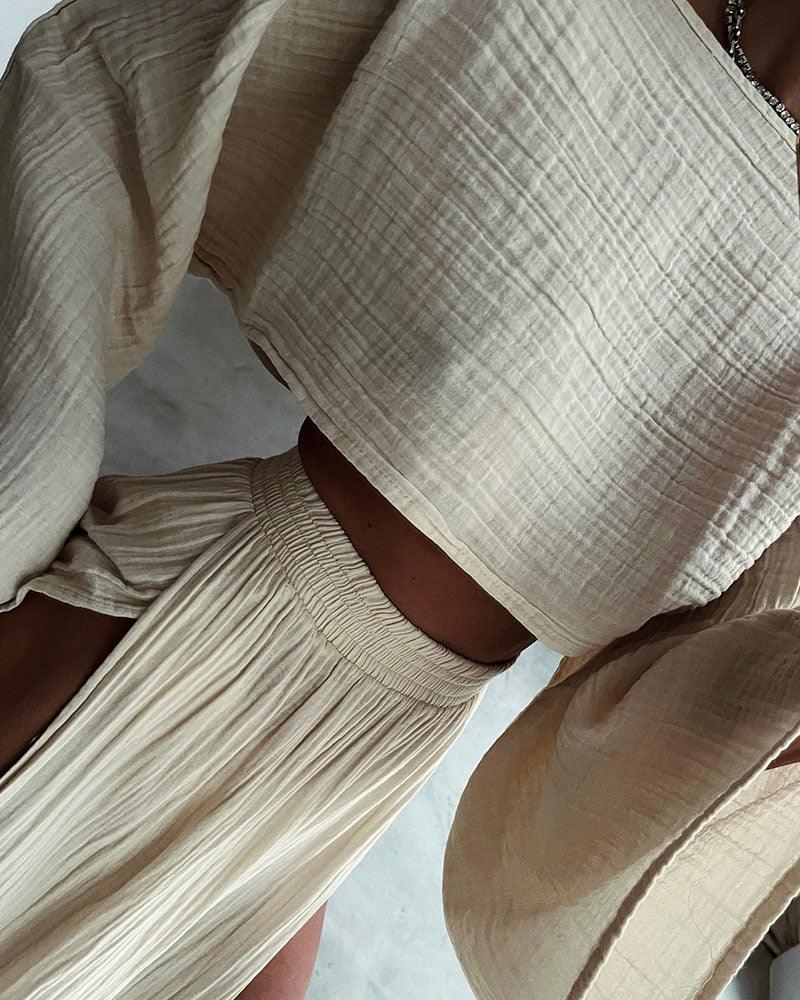 Elegants divdaļīgs komplekts no kokvilnas un lina ar šķēlumu