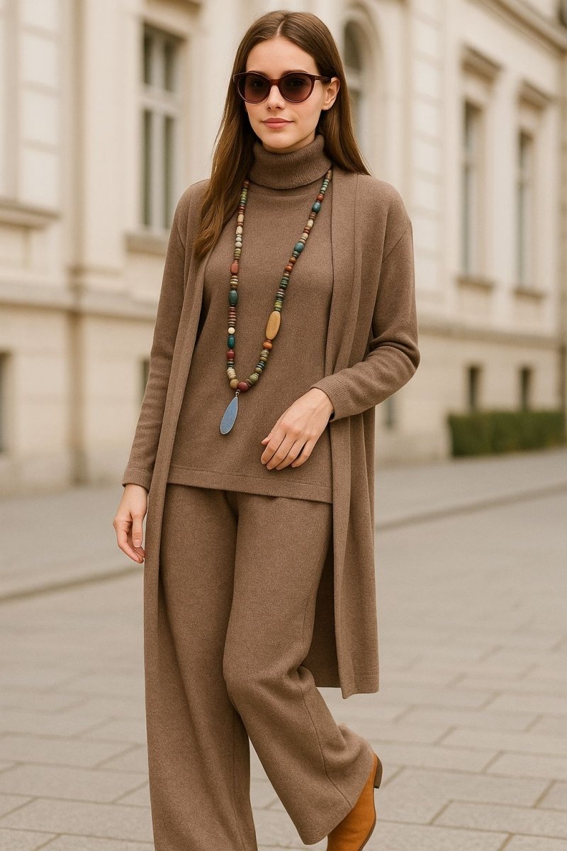 Aubrey kardigāns, augsta apkakle un bikses komplekts