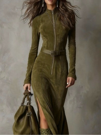 Evelyn | Vestito in Camoscio con Cerniera e Cintura